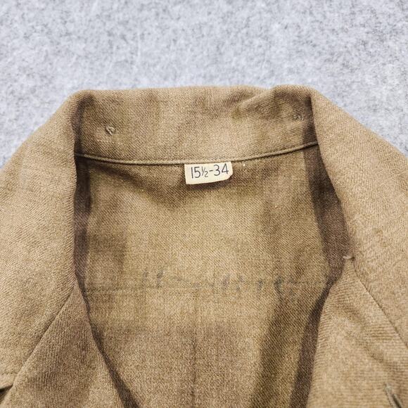 Vintage US Army Wool Shirt Mens 15.5 34 Khaki Button Front Military Uniform 50s - Picture 7 of 16